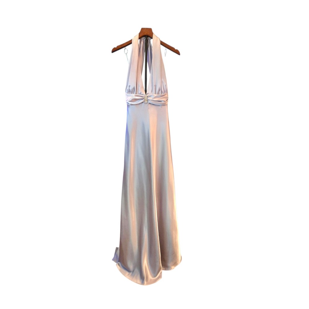 Betsy & Adam Halter Gown Womens 14 Silver Satin Rhinestone Evening Dress BA2667